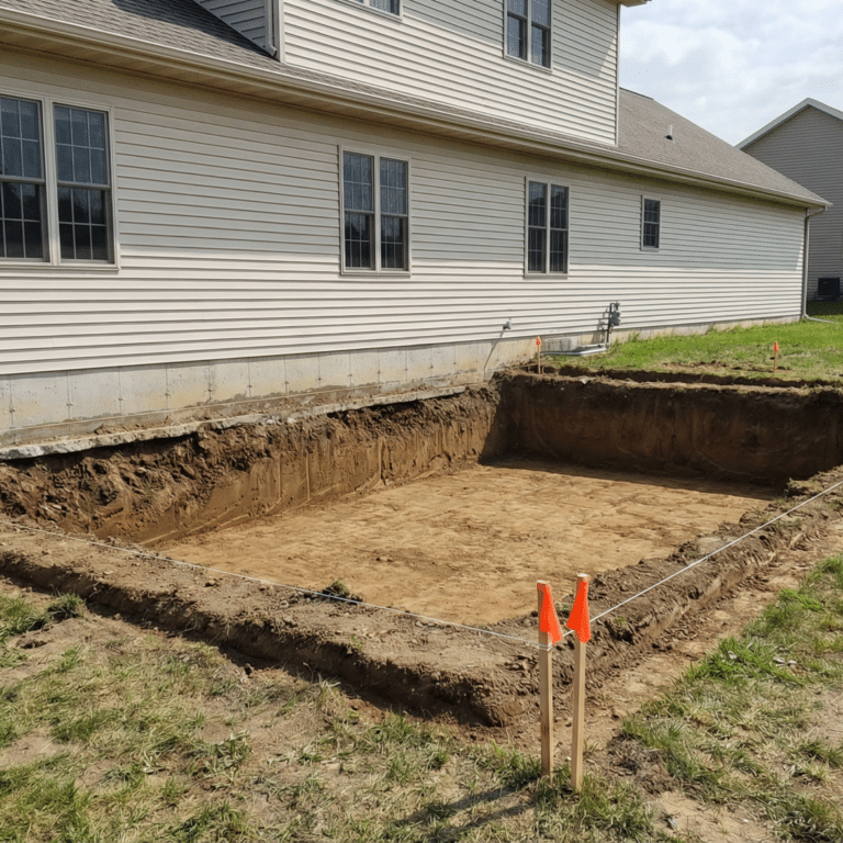 Home addition excavation with exposed foundation wall, graded soil, and string line layout stakes on existing Central Iowa home