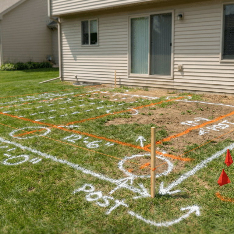 Layout stakes and string lines marking deck footing locations on an Ames, Iowa backyard