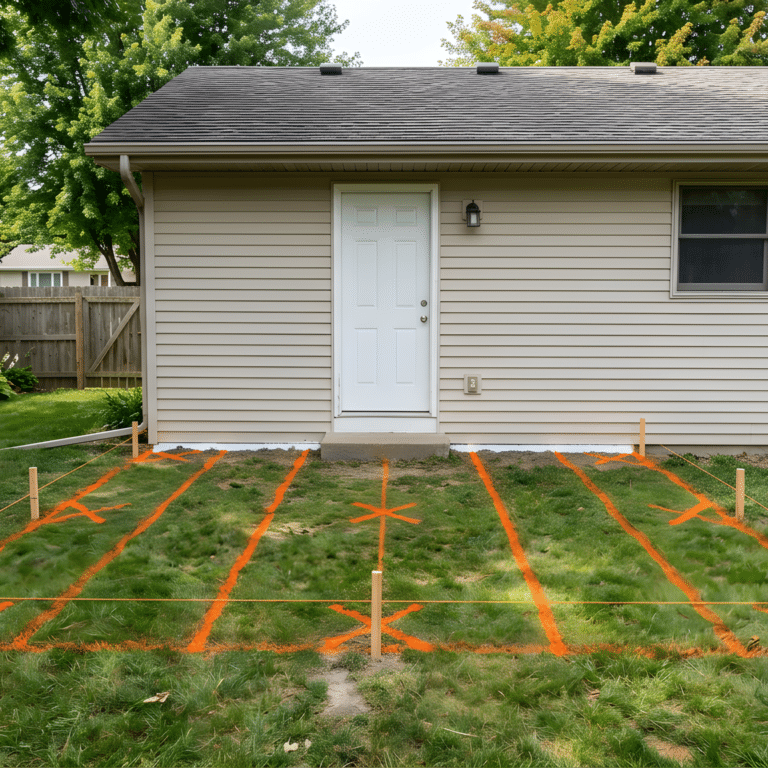 Busy Builders rendering of home addition site prep with orange spray paint layout markings and string lines staked in backyard lawn before excavation