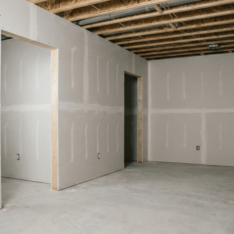 Basement drywall installation with framed partition walls, door rough opening, electrical outlets roughed in, and exposed ceiling joists before finishing