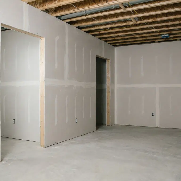Basement drywall installation with framed partition walls, door rough opening, electrical outlets roughed in, and exposed ceiling joists before finishing