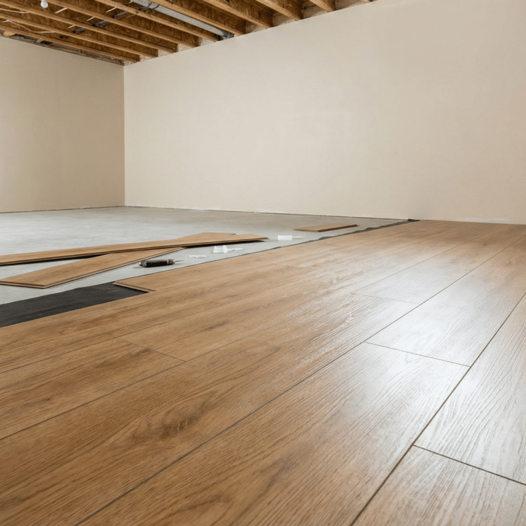 luxury vinyl plank flooring installation in progress over a moisture barrier on a basement concrete slab with painted drywall walls and exposed ceiling joists