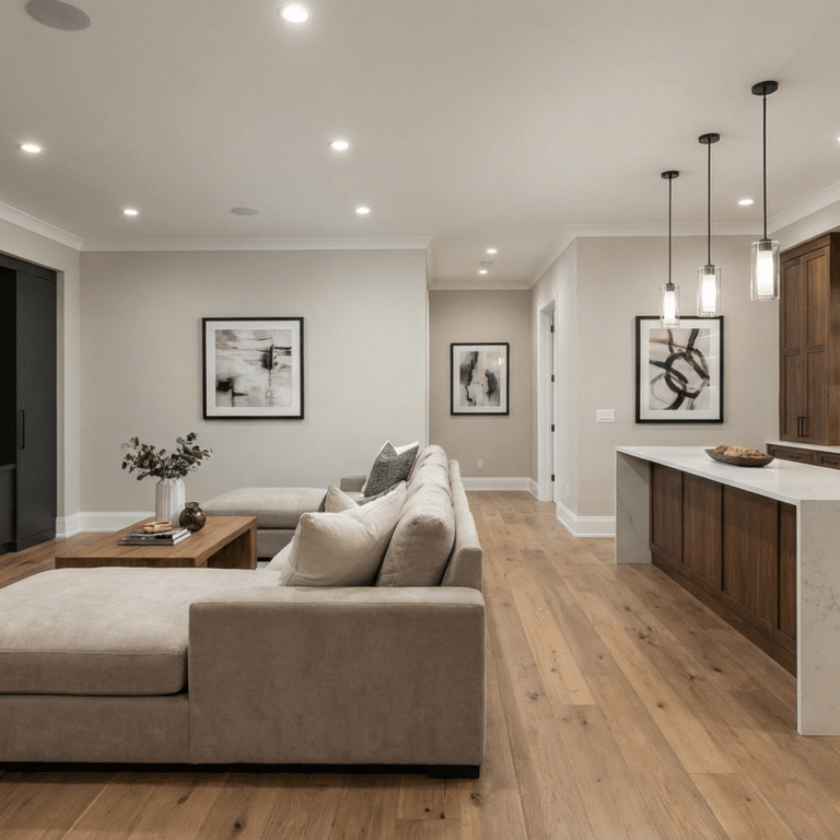 busy builders rendering of a finished basement remodel with open plan living area, wet bar with dark wood cabinetry, white quartz countertop, pendant lighting, and wide plank hardwood flooring