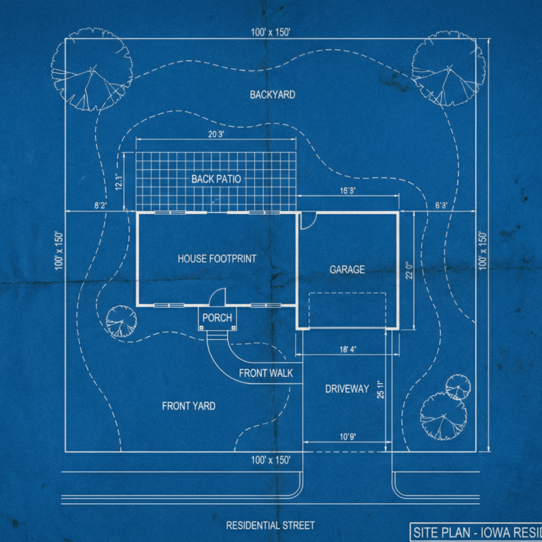New home construction site plan blueprint showing house footprint, garage, back patio, front porch, driveway, and lot dimensions on a 100 by 150 foot residential lot