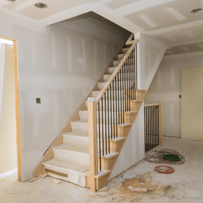 home remodeling staircase installation with oak treads, black iron balusters, and wood newel posts during active construction with drywall complete