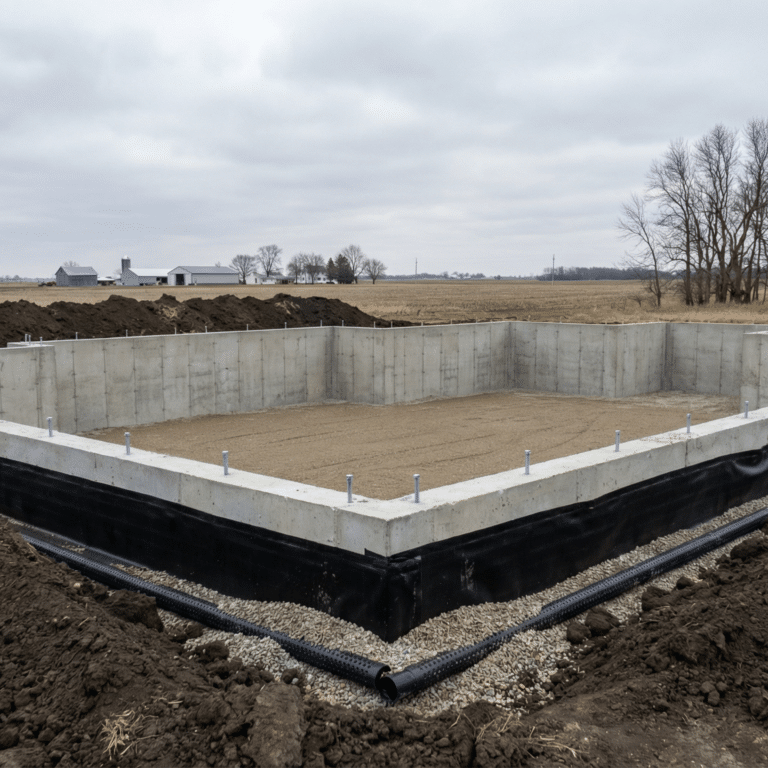 New home construction poured concrete foundation walls with exterior waterproofing membrane, perimeter drain tile, and gravel drainage bed on a Central Iowa rural building site