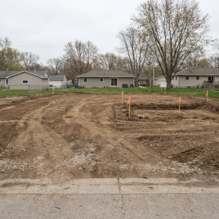 New home construction site prep and excavation with graded soil, survey stakes, and orange utility flags on a Central Iowa residential lot