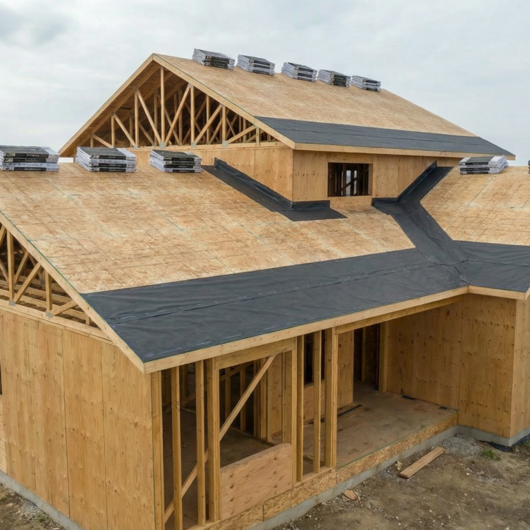 New home building roof framing with osb sheathing and underlayment before shingles | busy builders central iowa