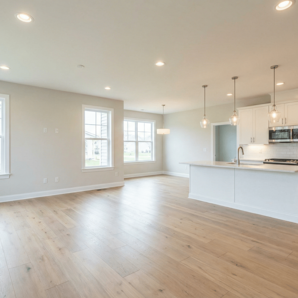 Busy Builders rendering of a new home construction open plan main floor with wide plank hardwood flooring, recessed lighting, kitchen island with pendant lights, and large windows