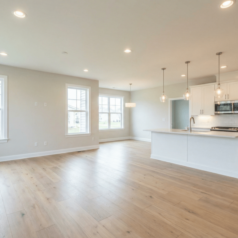 Busy Builders rendering of a new home construction open plan main floor with wide plank hardwood flooring, recessed lighting, kitchen island with pendant lights, and large windows