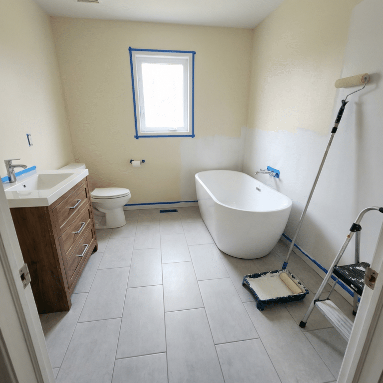 Bathroom remodeling final stages with large format gray floor tile, freestanding soaking tub, wood vanity, and walls being painted in a Central Iowa home