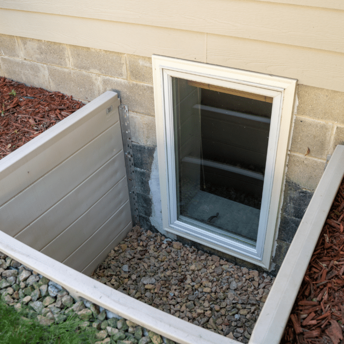 Basement finishing egress window installation with concrete block foundation wall and gravel drainage window well in Central Iowa