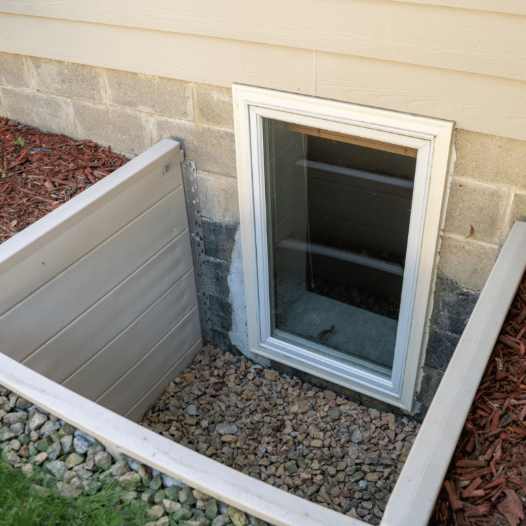 basement finishing egress window installation with concrete block foundation wall and gravel drainage window well in central iowa