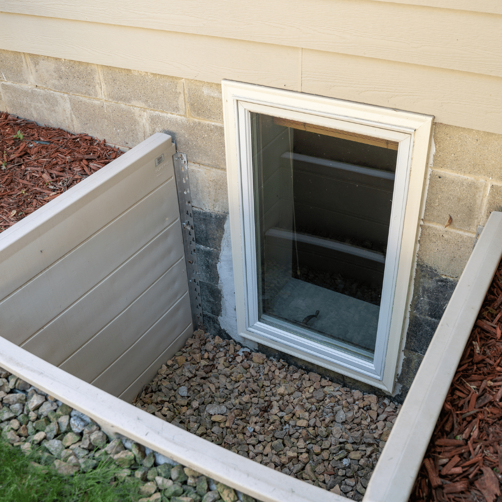 Basement finishing egress window installation with concrete block foundation wall and gravel drainage window well in Central Iowa