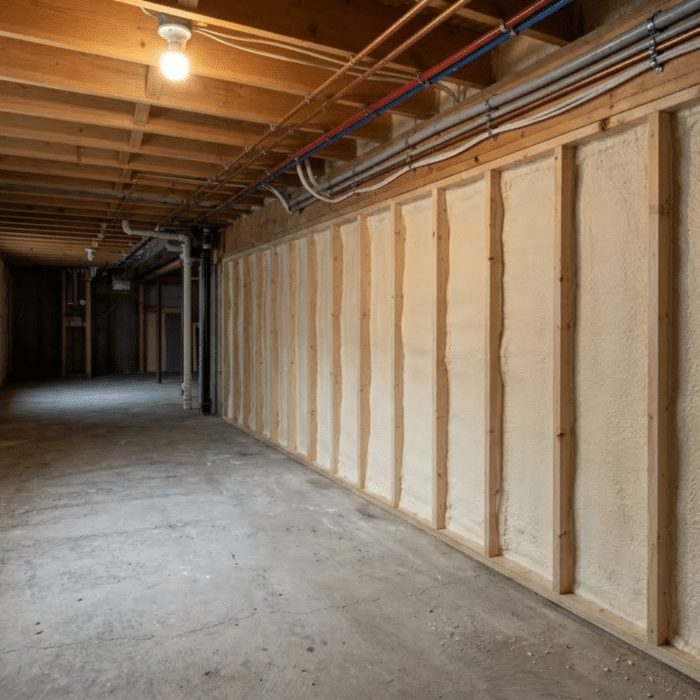 Basement finishing spray foam insulation between wood stud framing on perimeter wall with PEX supply lines and PVC drain pipes overhead in an unfinished Central Iowa basement
