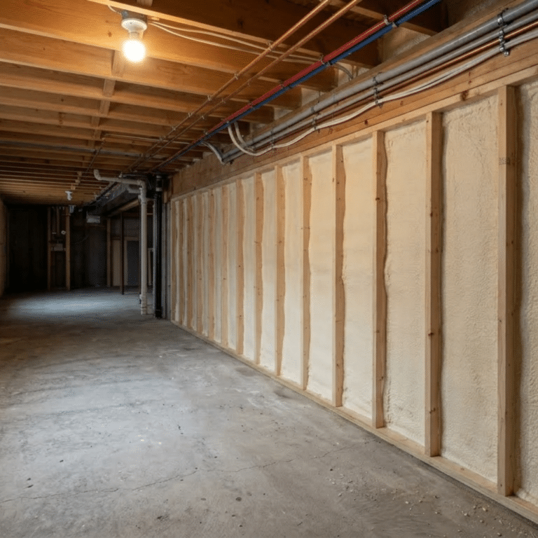 basement finishing spray foam insulation between wood stud framing on perimeter wall with pex supply lines and pvc drain pipes overhead in an unfinished central iowa basement