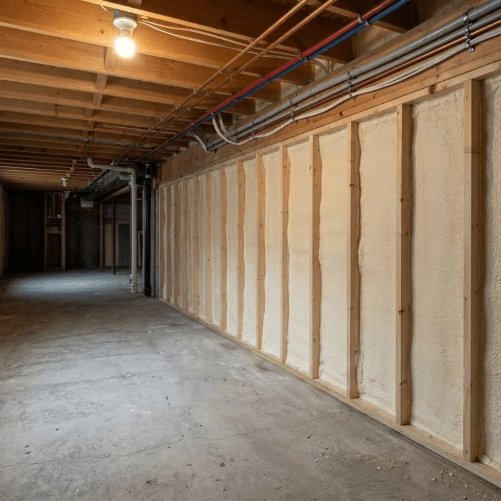 Basement finishing spray foam insulation between wood stud framing on perimeter wall with PEX supply lines and PVC drain pipes overhead in an unfinished Central Iowa basement