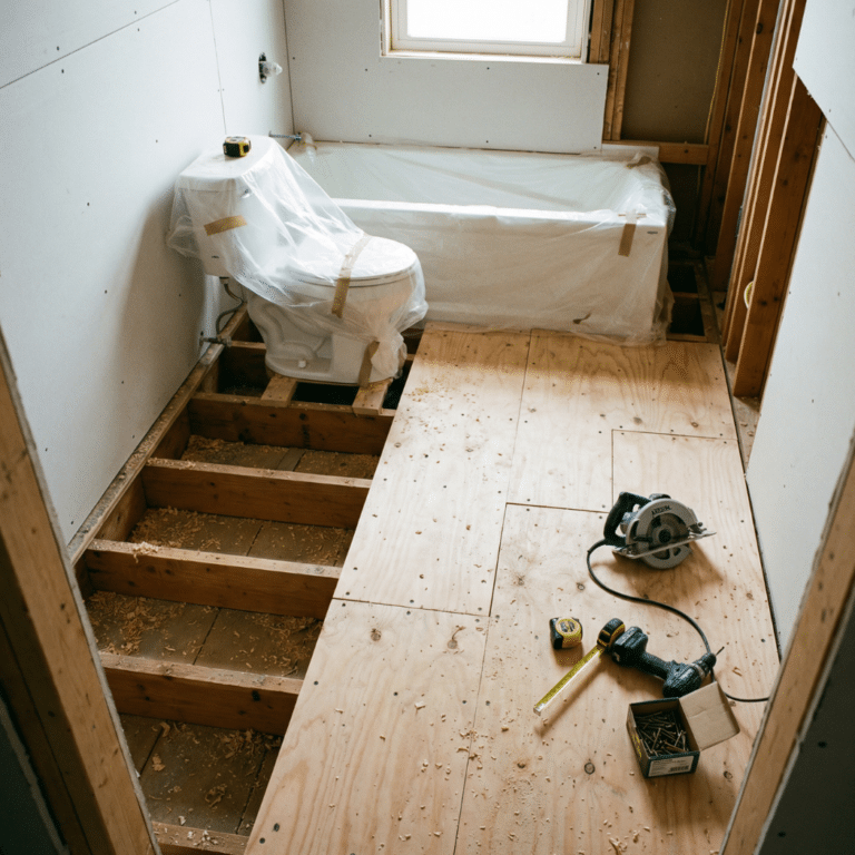 Bathroom remodel demo and subfloor repair with exposed floor joists, plywood subfloor installation, protected toilet and bathtub, and construction tools in progress