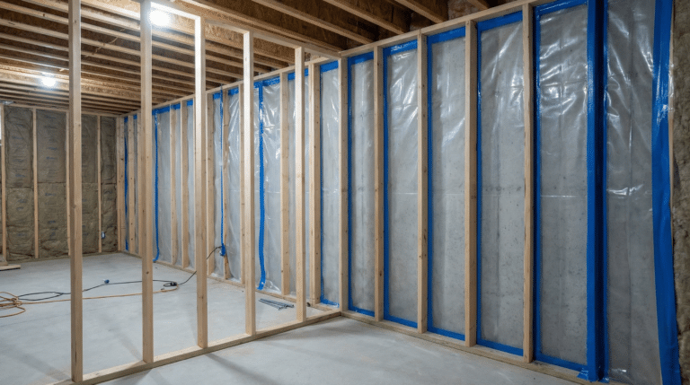 basement finishing framing and vapor barrier installation with wood stud walls and batt insulation in an unfinished central iowa basement