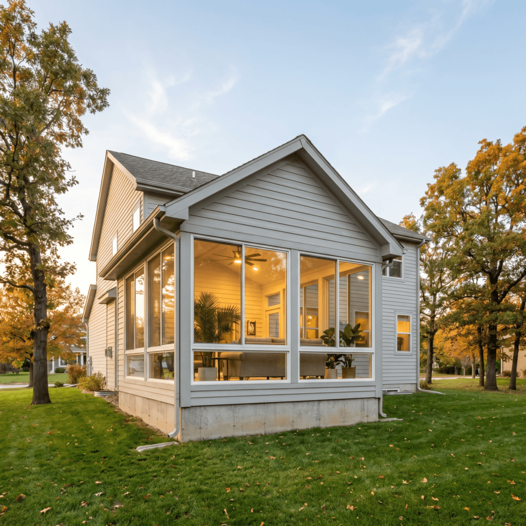 Four season sunroom addition with large windows and gabled roof on an Iowa home at sunset