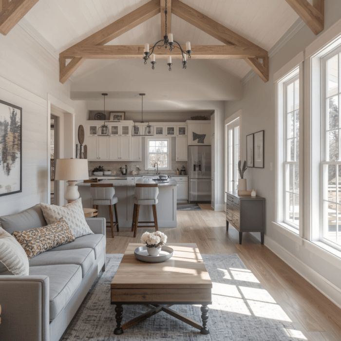 In-law suite addition interior with open kitchen, living area, and vaulted wood beam ceiling
