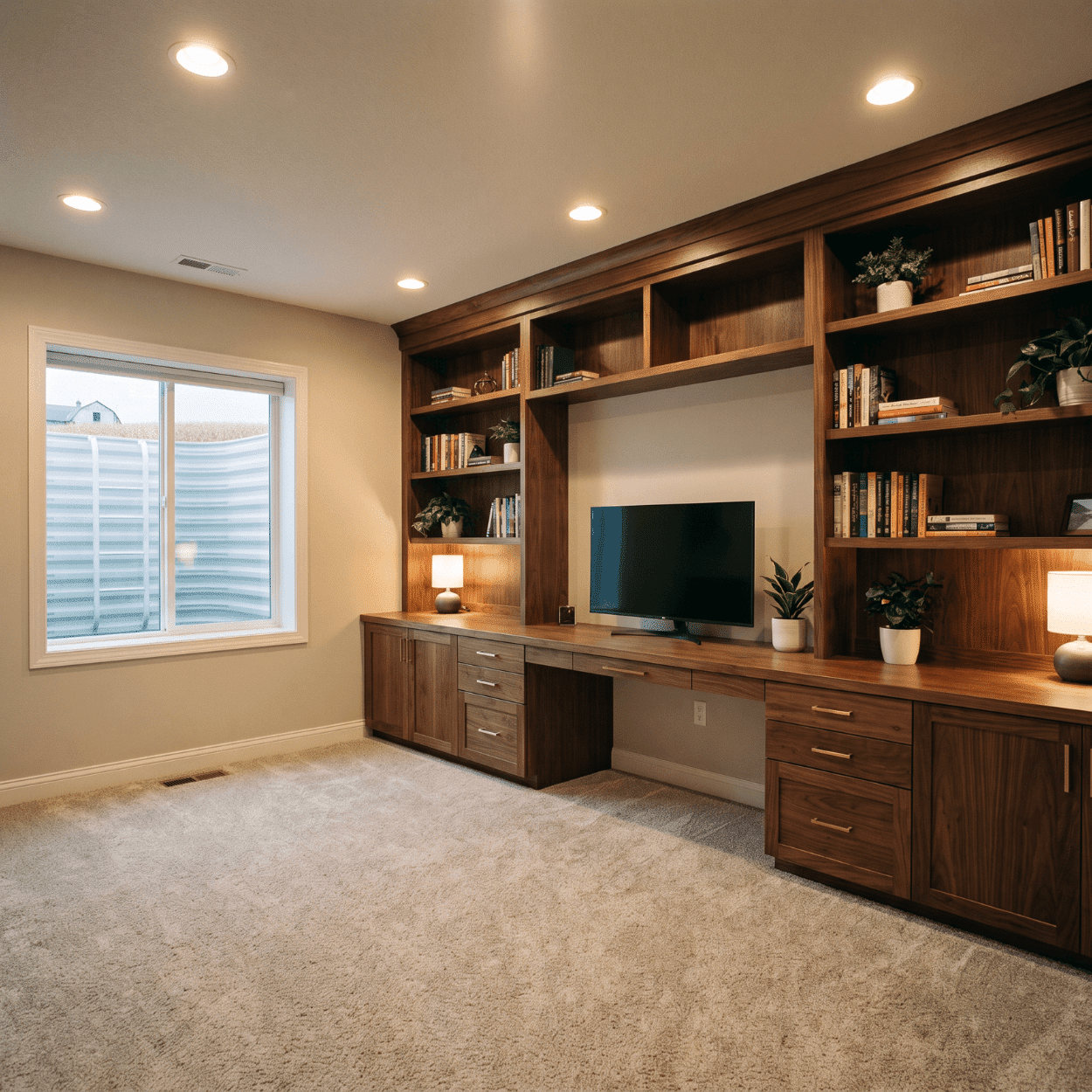 Finished basement with recreation area and egress window in a Dallas Center Iowa home