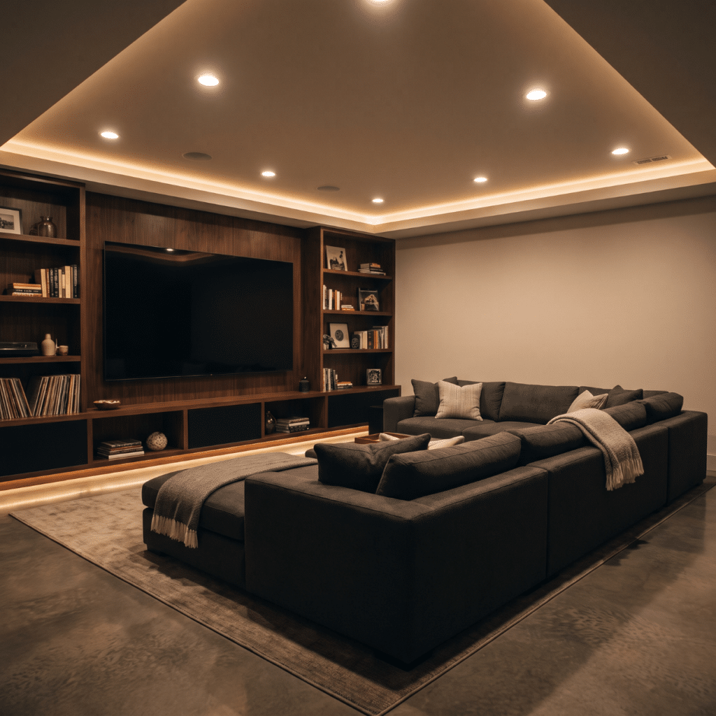 Finished basement recreation room with egress window in a Norwalk Iowa home