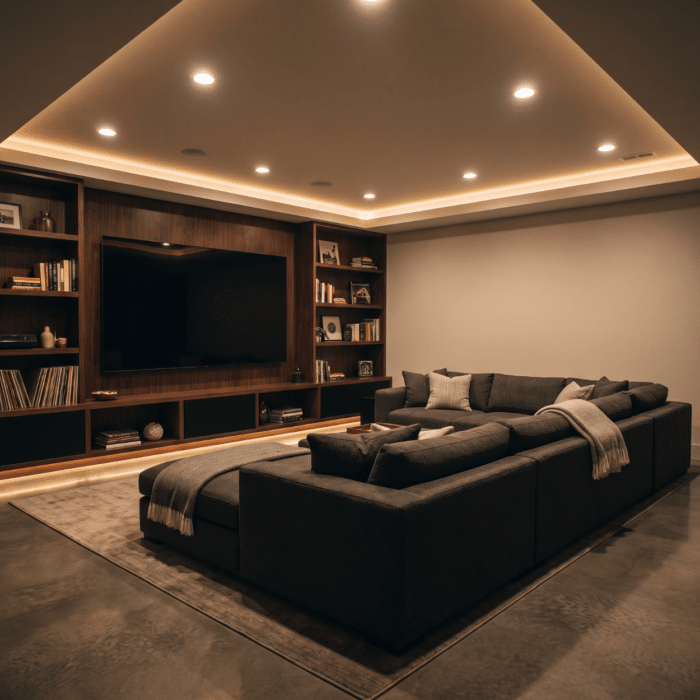 Finished basement recreation room with egress window in a Norwalk Iowa home