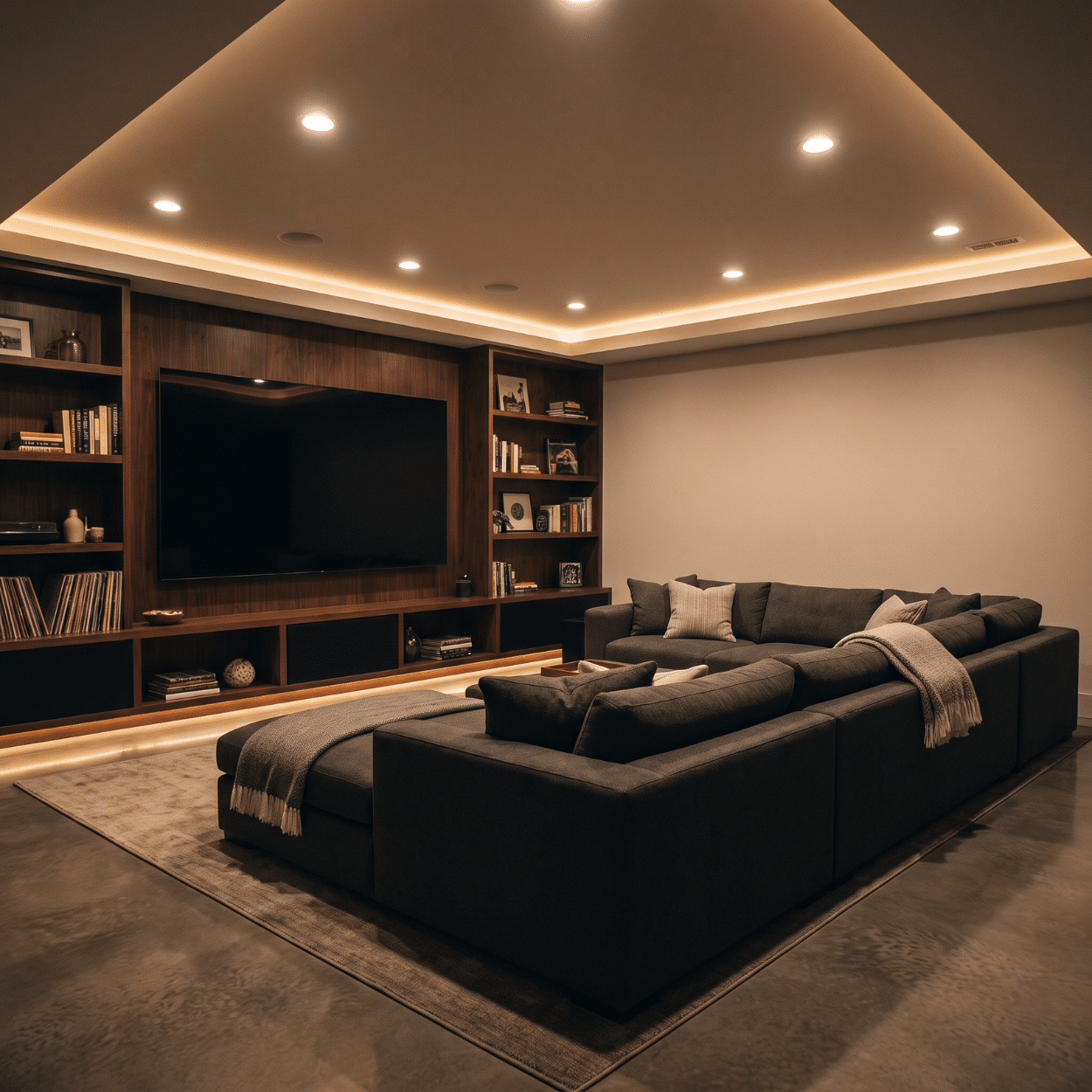 Finished basement recreation room with egress window in a Norwalk Iowa home