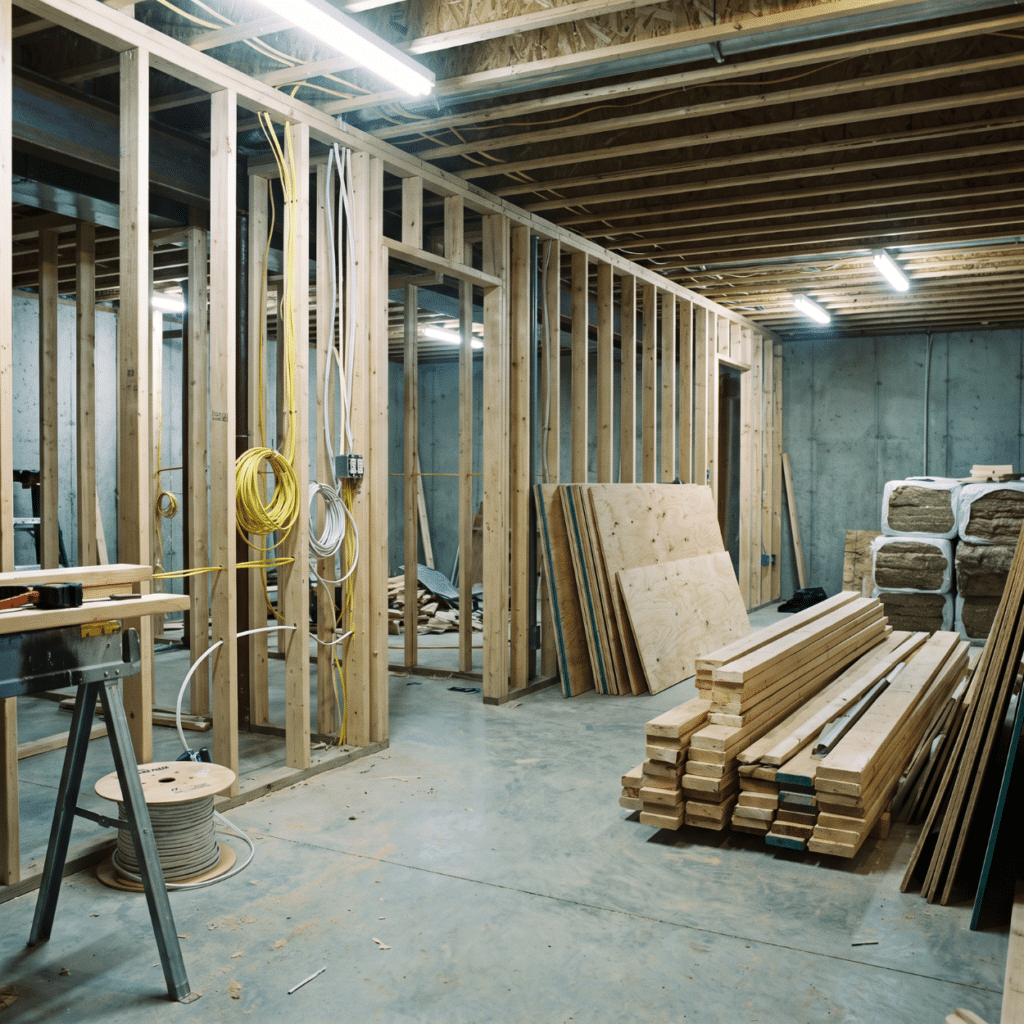 Finished basement remodel framing and layout showing common cost-overrun areas
