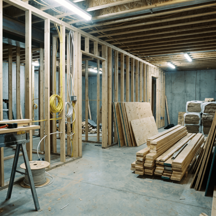 Finished basement remodel framing and layout showing common cost-overrun areas