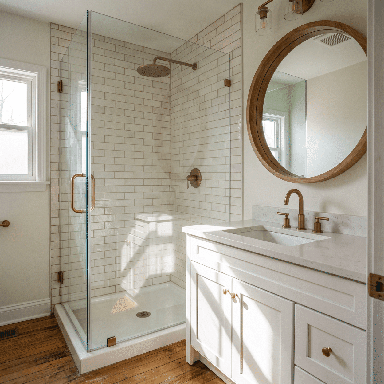 Bathroom remodel with tiled shower and modern vanity in a Colfax Iowa home