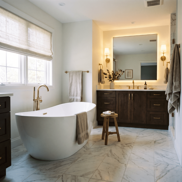 Bathroom remodel with tiled shower and modern vanity in a Grimes Iowa home