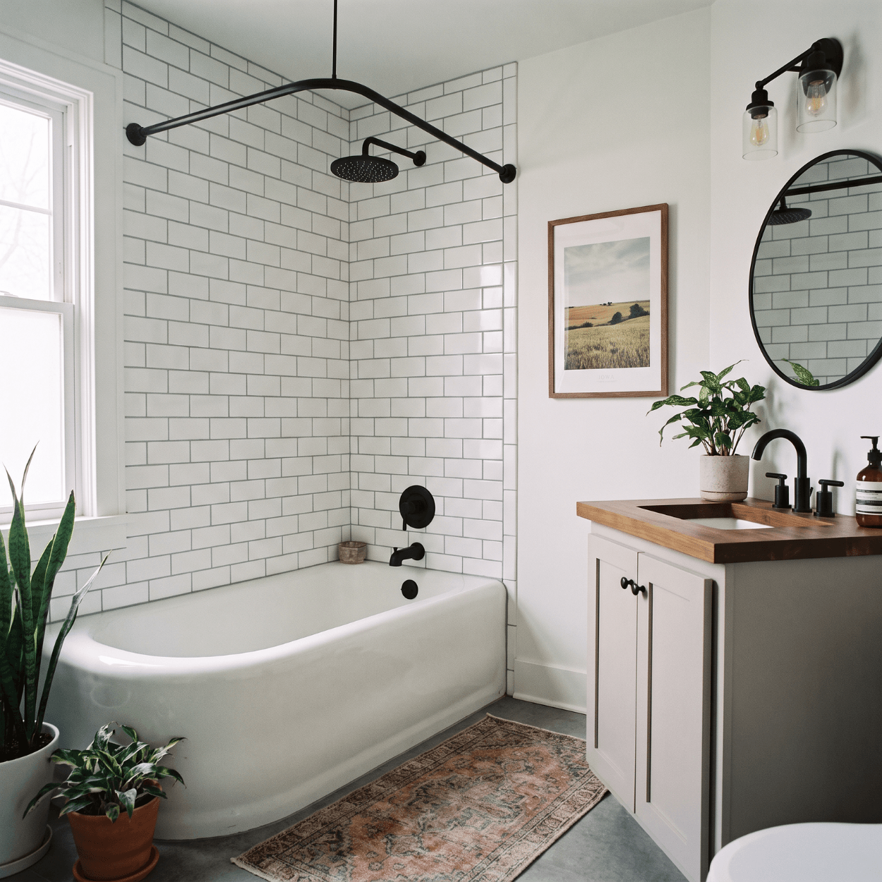 Bathroom remodel with walk-in tiled shower and vanity in a Nevada Iowa home
