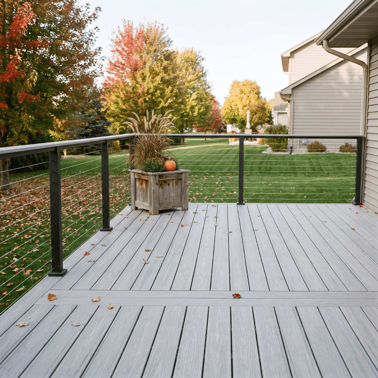 Backyard deck with railing and stairs on an Adel Iowa home