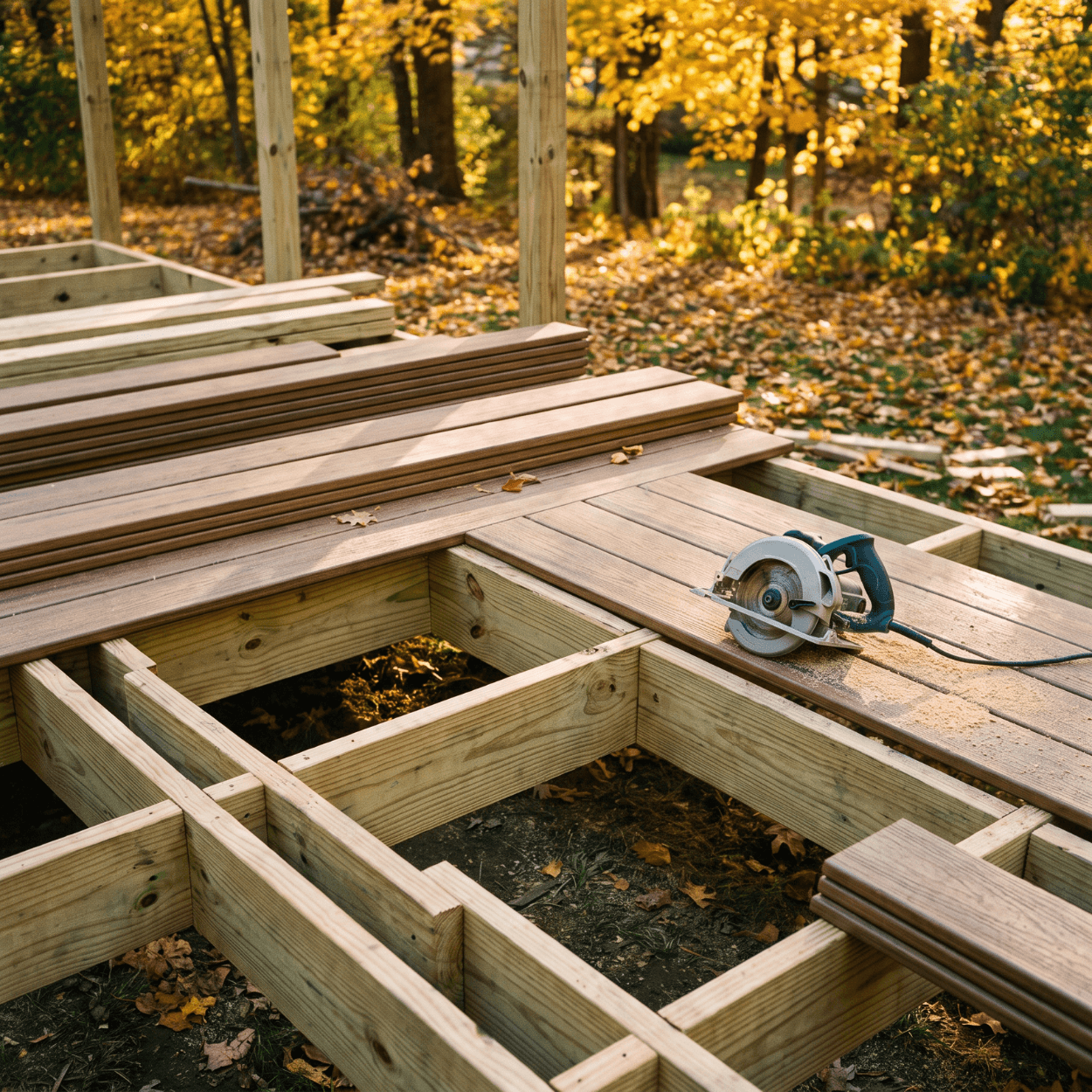 Backyard deck with railing and stairs on a Carlisle Iowa home