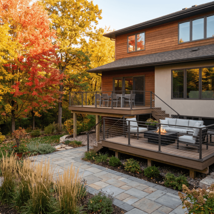 Composite deck with railing overlooking the backyard of a Clive Iowa home