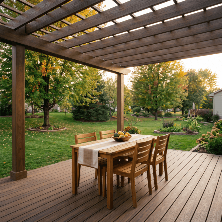 Elevated backyard deck with railing and stairs on a Johnston Iowa home