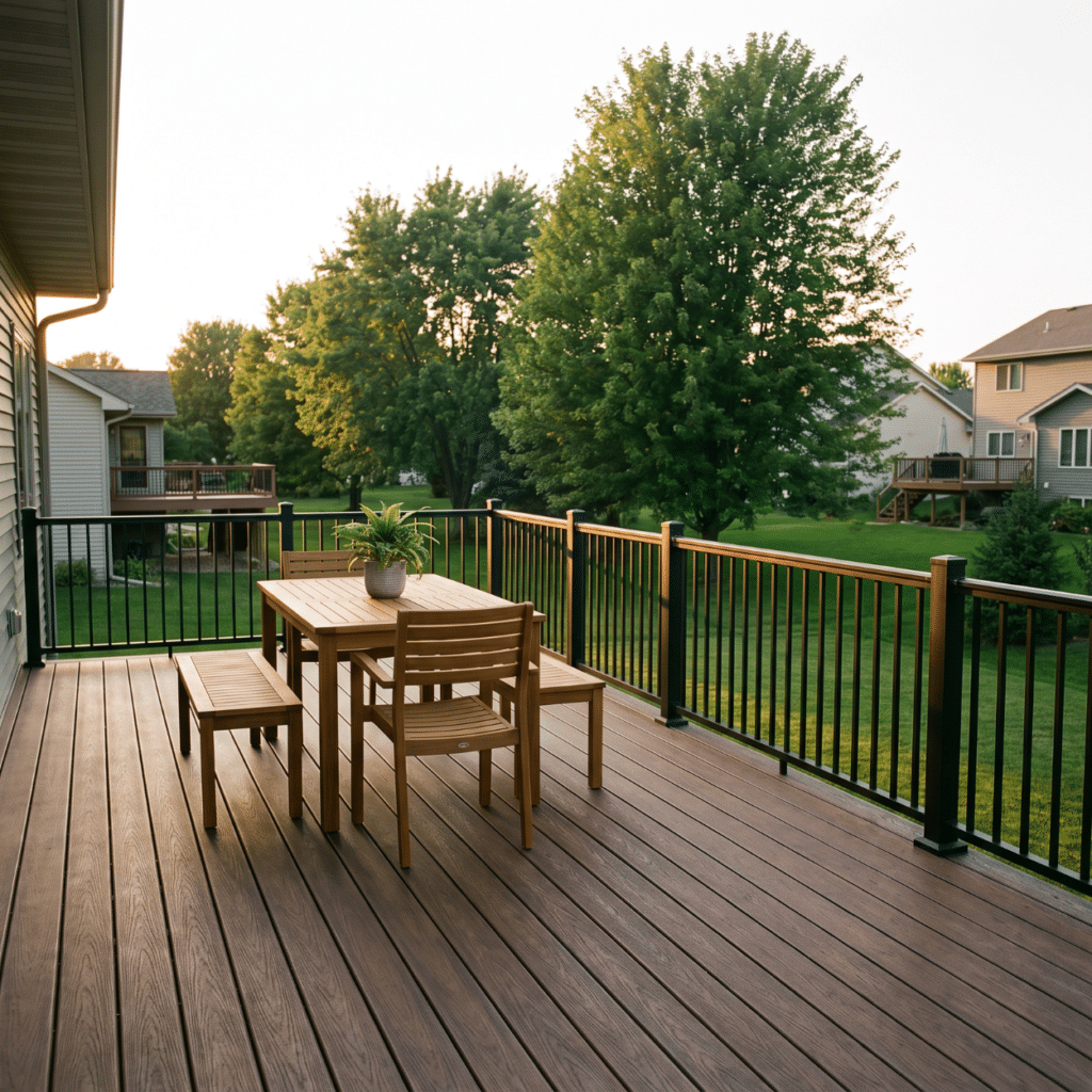Elevated composite deck with railing and stairs on an Indianola Iowa home