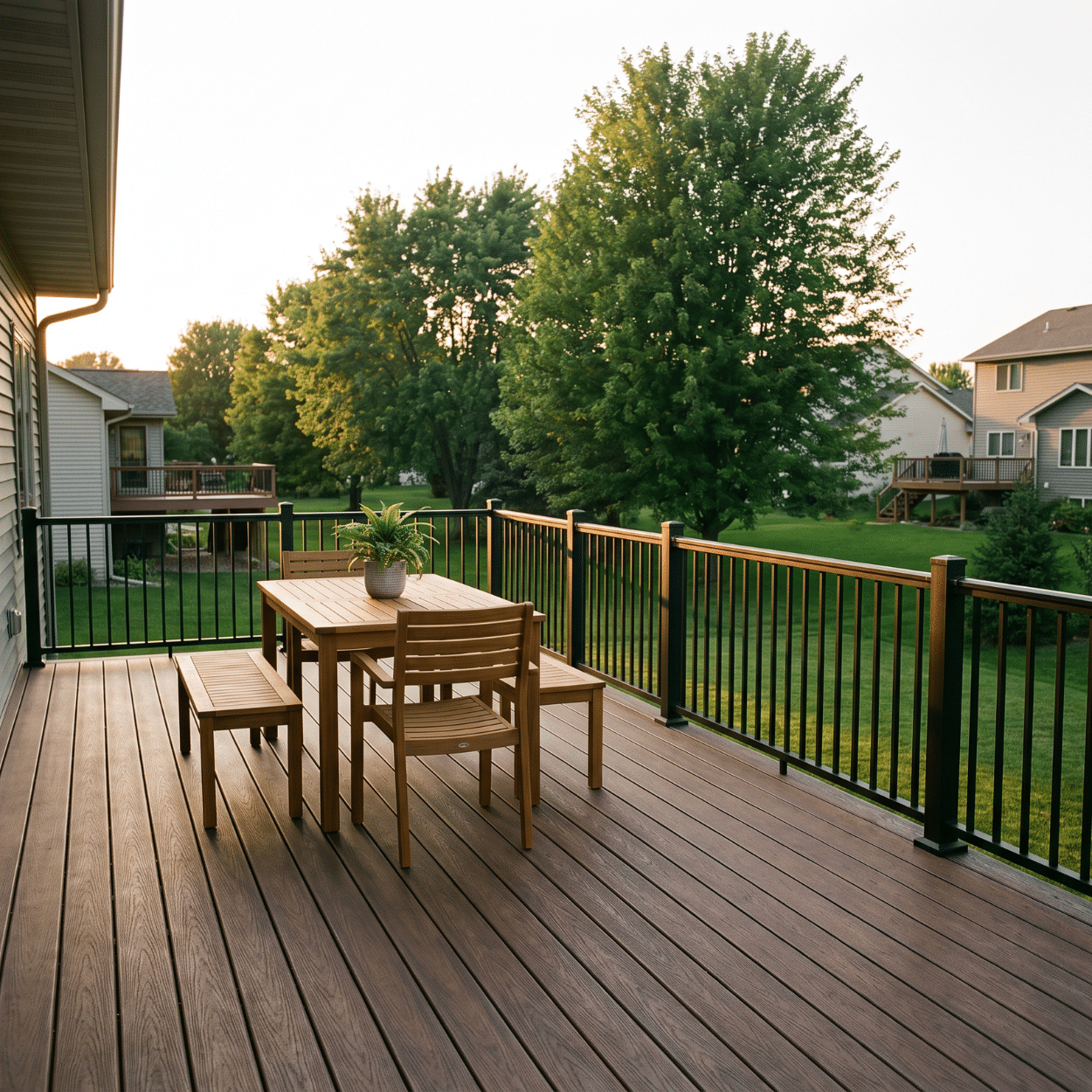 Elevated composite deck with railing and stairs on an Indianola Iowa home