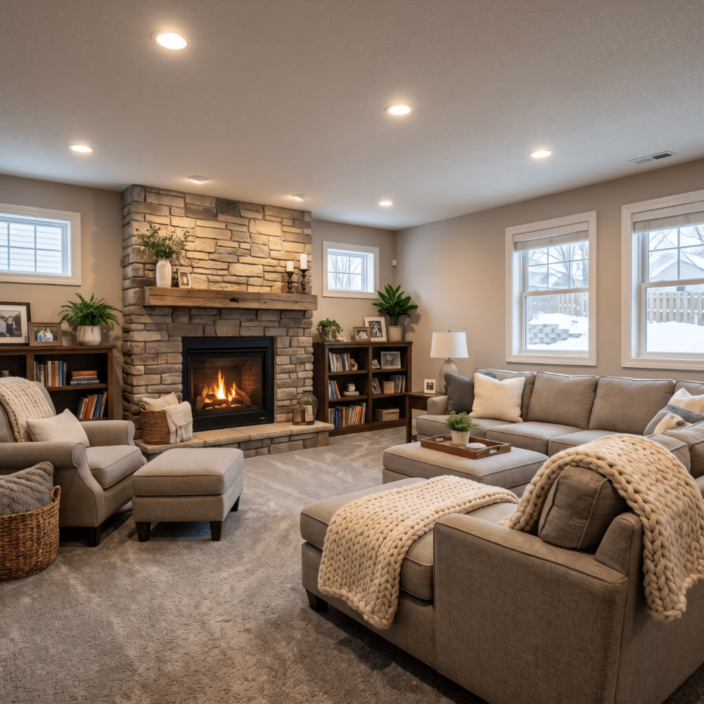Finished basement family room in an Iowa home relevant to property tax assessment
