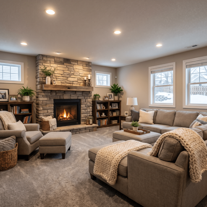 Finished basement family room in an Iowa home relevant to property tax assessment