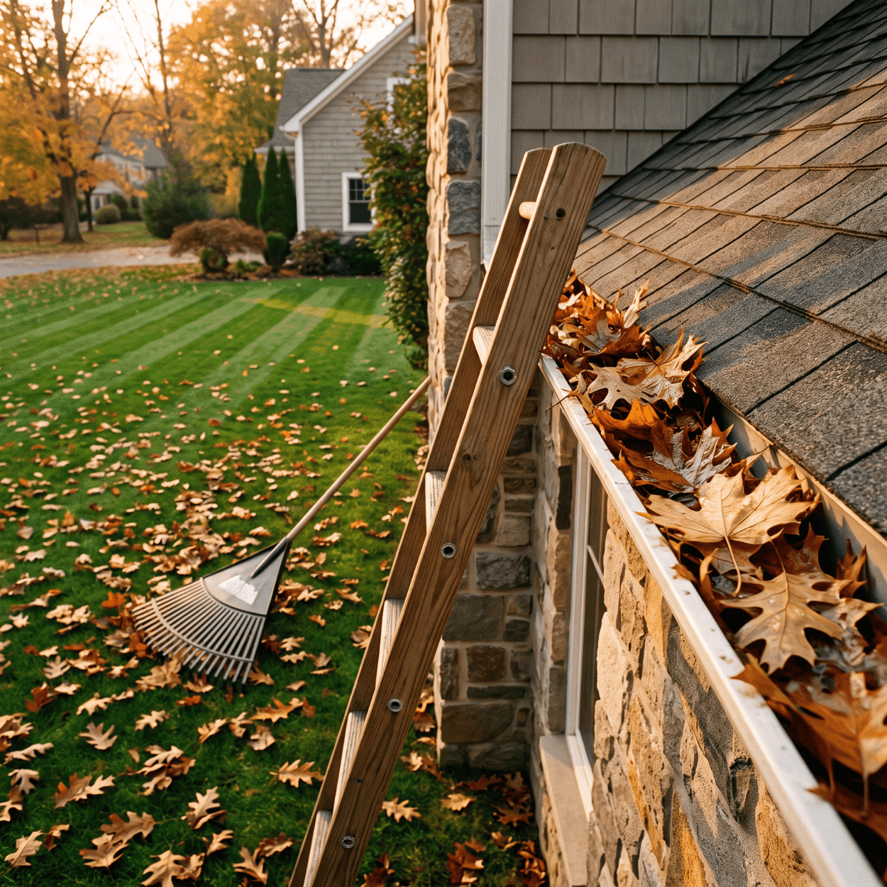Iowa home exterior in fall showing gutters and roofline ready for winter maintenance