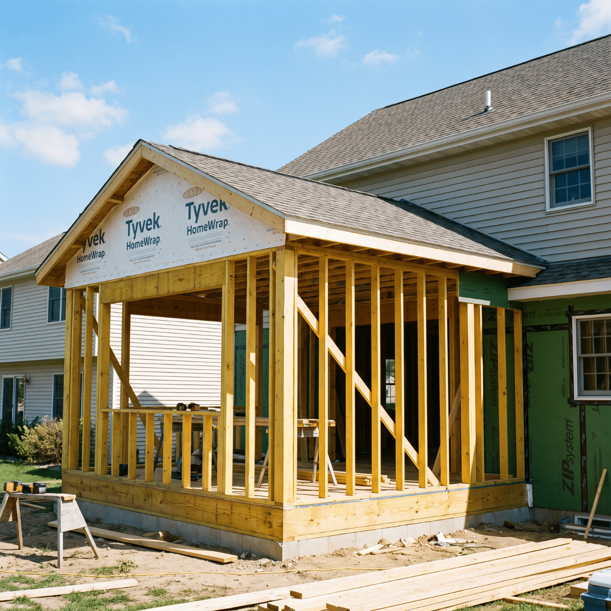 Two-story home addition under construction on an Urbandale Iowa house
