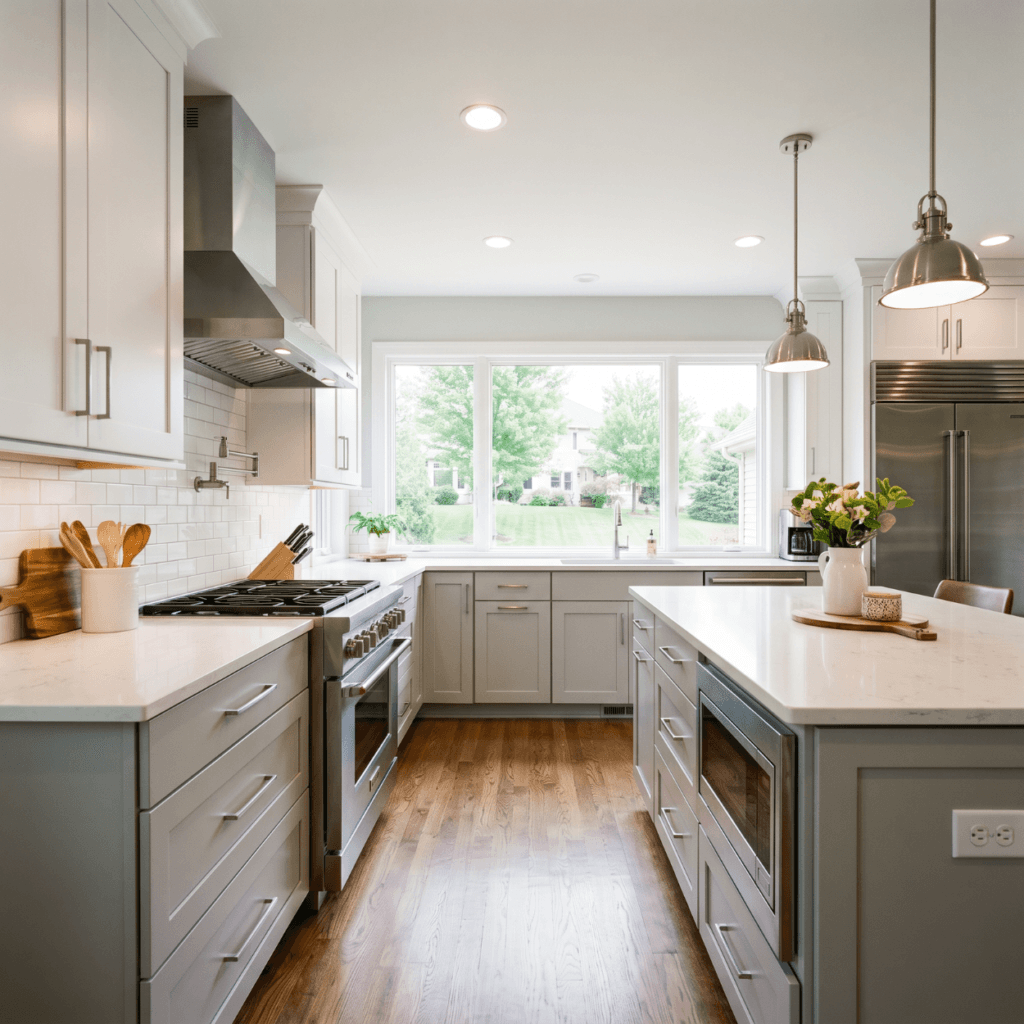 Kitchen remodel with white cabinets, island, and pendant lighting in a Bondurant Iowa home