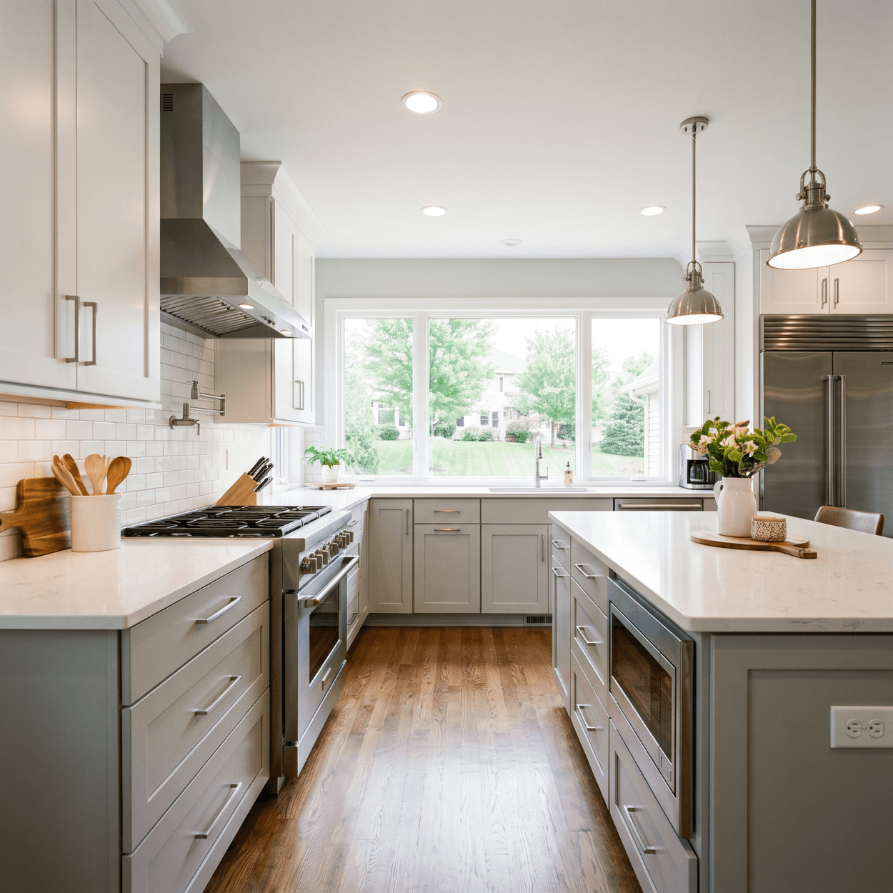 Kitchen remodel with white cabinets, island, and pendant lighting in a Bondurant Iowa home