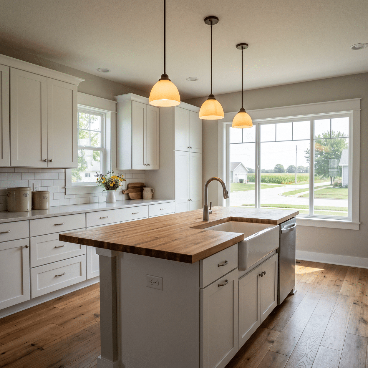 Kitchen remodel with white shaker cabinets and quartz island in a Boone Iowa home