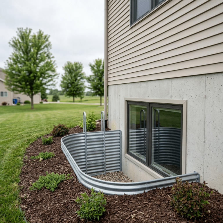 Basement egress casement window in a concrete foundation with a galvanized window well and ladder in a Central Iowa yard