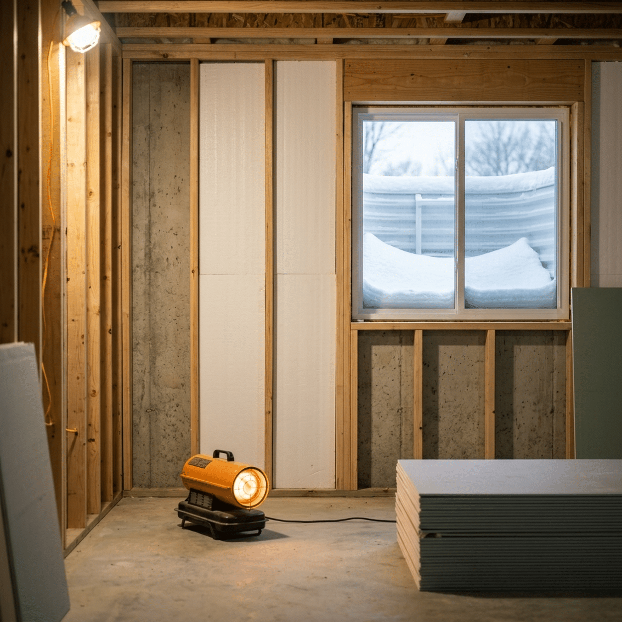 Basement finishing in progress with new stud framing, foam insulation and an egress window showing snow outside in a Central Iowa home