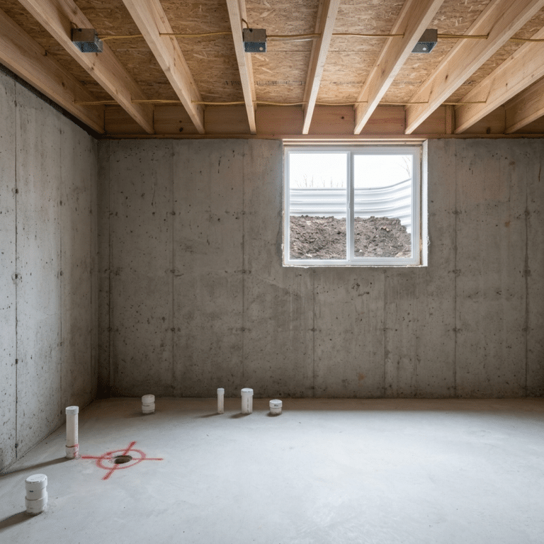 Unfinished new-construction basement with plumbing rough-in stubs in the slab and an egress window, Central Iowa